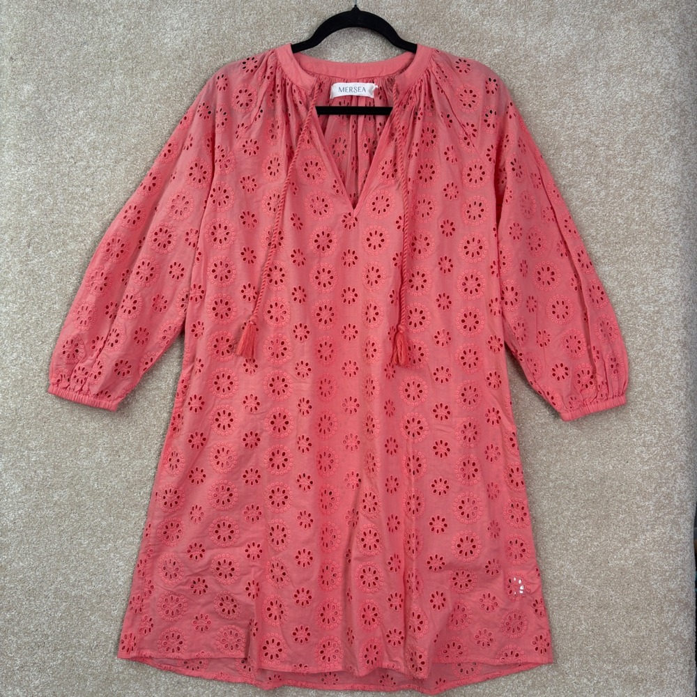 NWT MERSEA Coverup Dress Women's S/M Pink Daisy Eyelet Cotton Beach Resort Dress